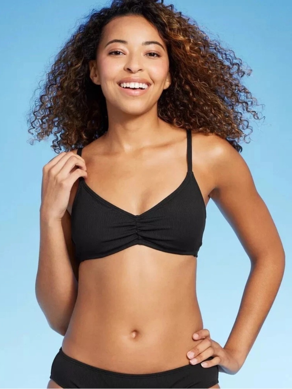 Shade & Shore Black Ribbed Bikini Top M with Adjustable Straps